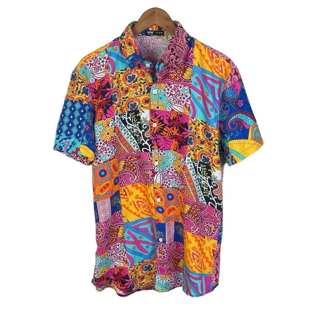 BF1208 Men’s Romwe 70s Style Flower Power Hippie Button Down Shirt L